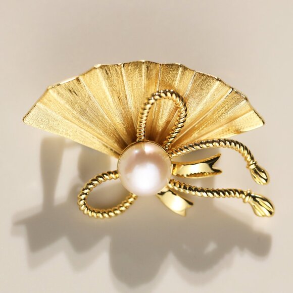 Vintage Gold Tone Folding Fan & Bow Brooch Pin - Picture 3 of 4